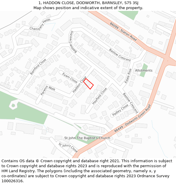 1, HADDON CLOSE, DODWORTH, BARNSLEY, S75 3SJ: Location map and indicative extent of plot