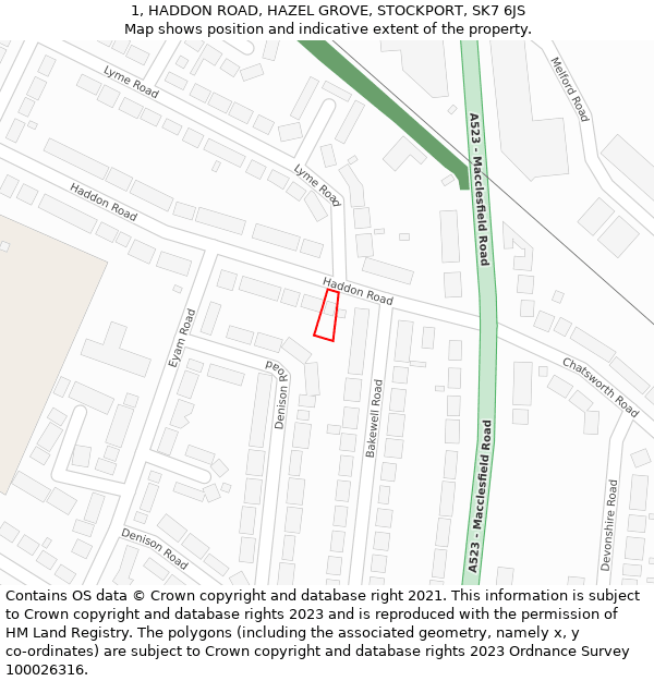 1, HADDON ROAD, HAZEL GROVE, STOCKPORT, SK7 6JS: Location map and indicative extent of plot