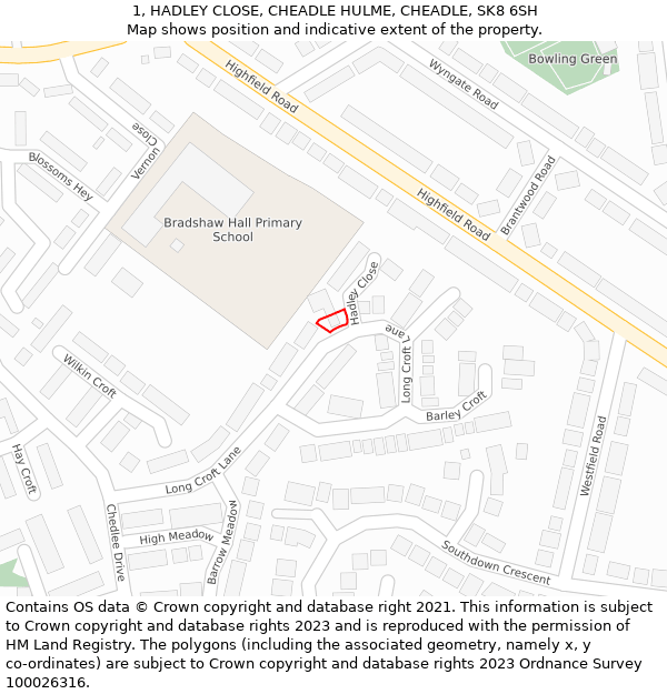 1, HADLEY CLOSE, CHEADLE HULME, CHEADLE, SK8 6SH: Location map and indicative extent of plot