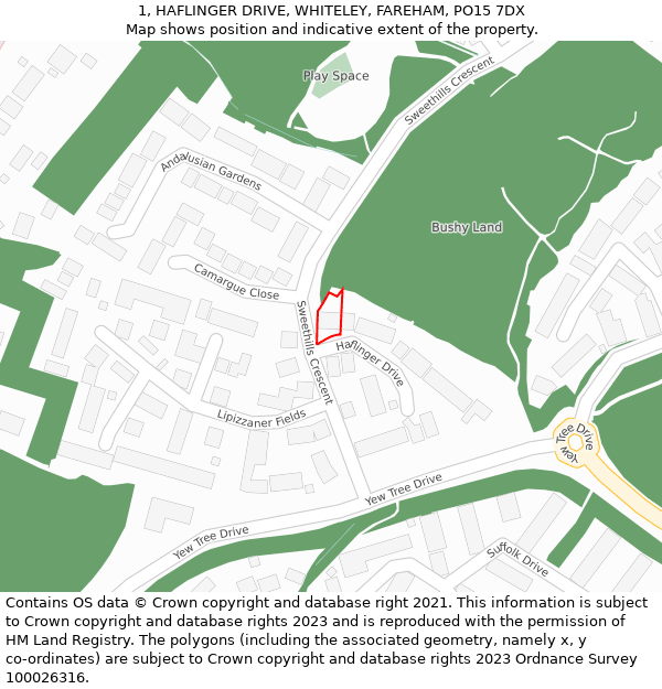 1, HAFLINGER DRIVE, WHITELEY, FAREHAM, PO15 7DX: Location map and indicative extent of plot