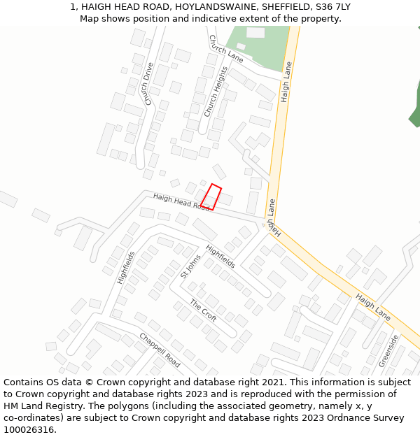 1, HAIGH HEAD ROAD, HOYLANDSWAINE, SHEFFIELD, S36 7LY: Location map and indicative extent of plot
