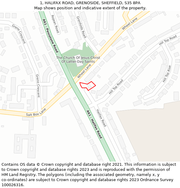 1, HALIFAX ROAD, GRENOSIDE, SHEFFIELD, S35 8PA: Location map and indicative extent of plot