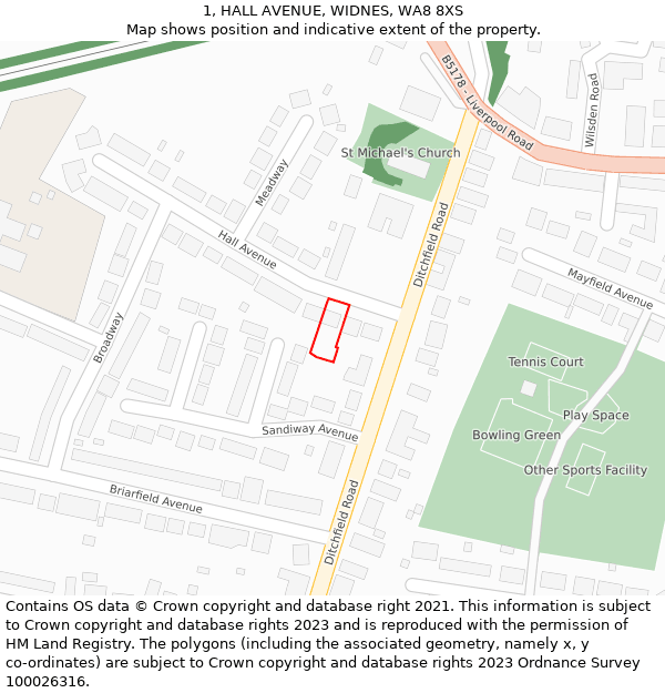 1, HALL AVENUE, WIDNES, WA8 8XS: Location map and indicative extent of plot