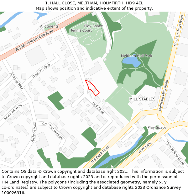 1, HALL CLOSE, MELTHAM, HOLMFIRTH, HD9 4EL: Location map and indicative extent of plot