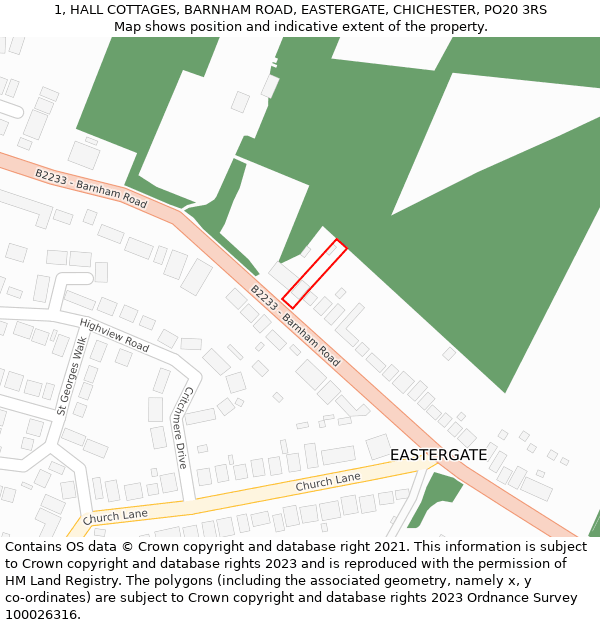 1, HALL COTTAGES, BARNHAM ROAD, EASTERGATE, CHICHESTER, PO20 3RS: Location map and indicative extent of plot