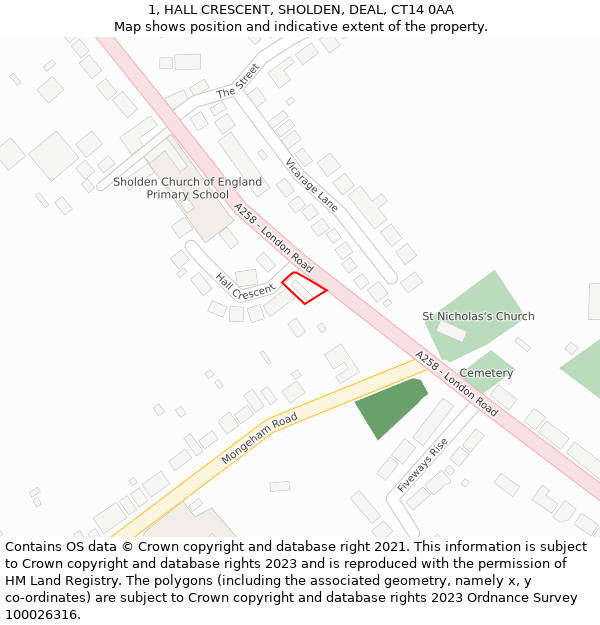 1, HALL CRESCENT, SHOLDEN, DEAL, CT14 0AA: Location map and indicative extent of plot