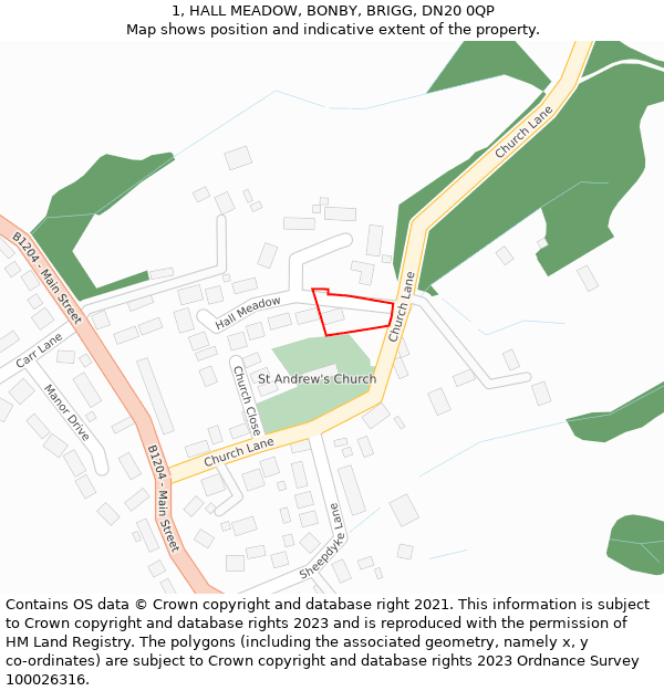 1, HALL MEADOW, BONBY, BRIGG, DN20 0QP: Location map and indicative extent of plot