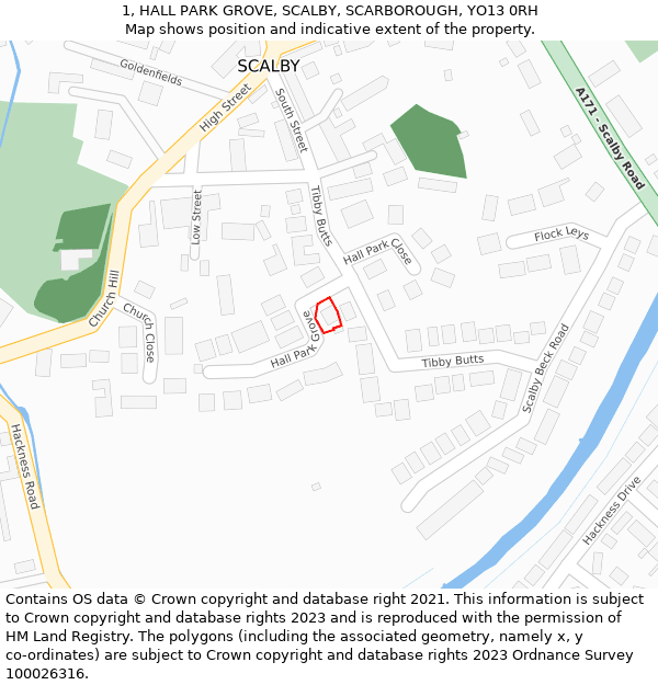1, HALL PARK GROVE, SCALBY, SCARBOROUGH, YO13 0RH: Location map and indicative extent of plot