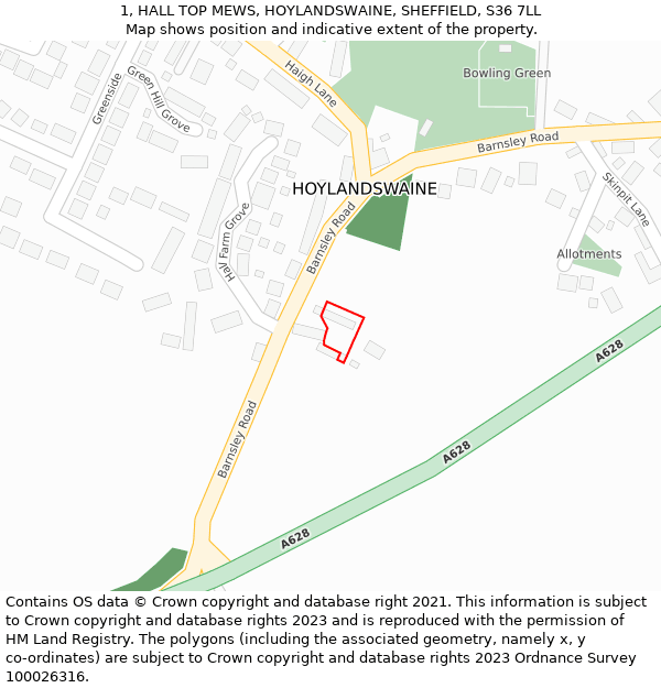 1, HALL TOP MEWS, HOYLANDSWAINE, SHEFFIELD, S36 7LL: Location map and indicative extent of plot