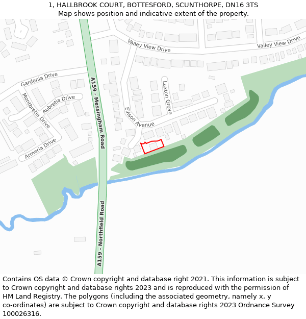 1, HALLBROOK COURT, BOTTESFORD, SCUNTHORPE, DN16 3TS: Location map and indicative extent of plot