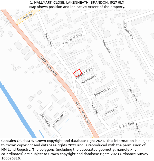 1, HALLMARK CLOSE, LAKENHEATH, BRANDON, IP27 9LX: Location map and indicative extent of plot
