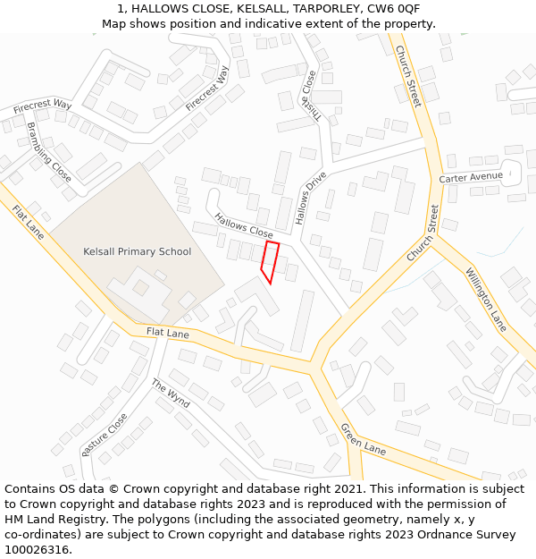 1, HALLOWS CLOSE, KELSALL, TARPORLEY, CW6 0QF: Location map and indicative extent of plot