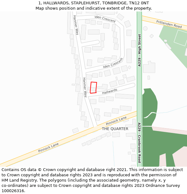 1, HALLWARDS, STAPLEHURST, TONBRIDGE, TN12 0NT: Location map and indicative extent of plot