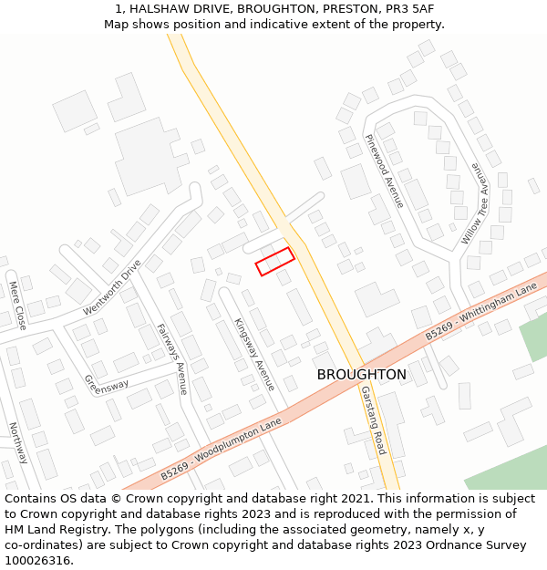 1, HALSHAW DRIVE, BROUGHTON, PRESTON, PR3 5AF: Location map and indicative extent of plot