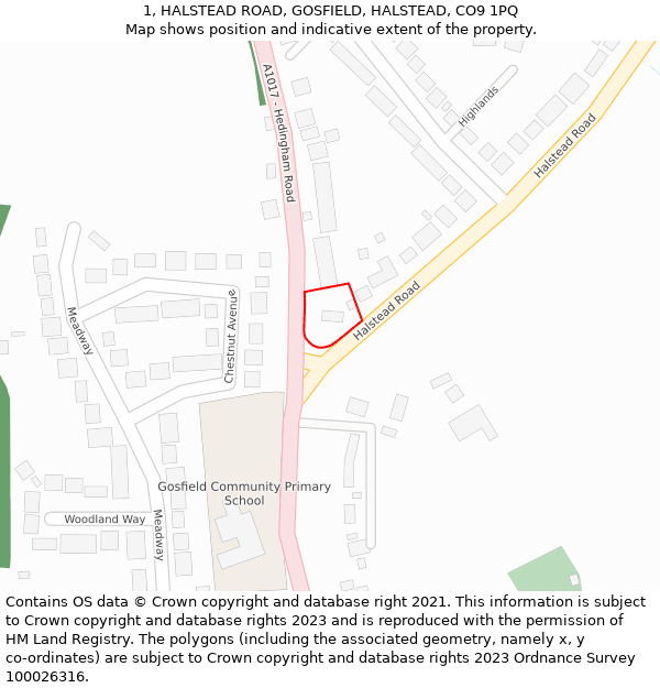 1, HALSTEAD ROAD, GOSFIELD, HALSTEAD, CO9 1PQ: Location map and indicative extent of plot