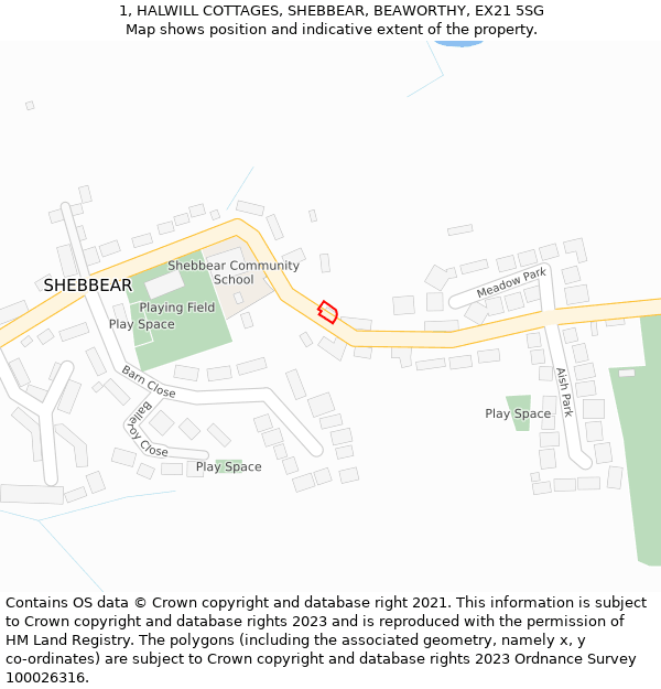 1, HALWILL COTTAGES, SHEBBEAR, BEAWORTHY, EX21 5SG: Location map and indicative extent of plot