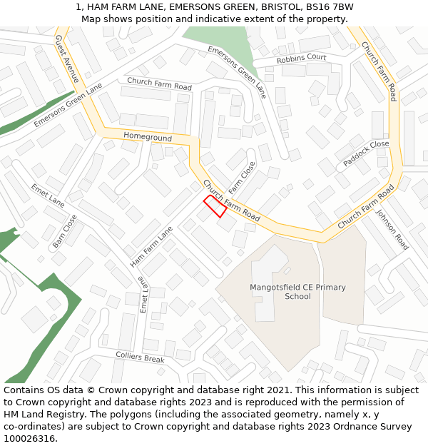 1, HAM FARM LANE, EMERSONS GREEN, BRISTOL, BS16 7BW: Location map and indicative extent of plot
