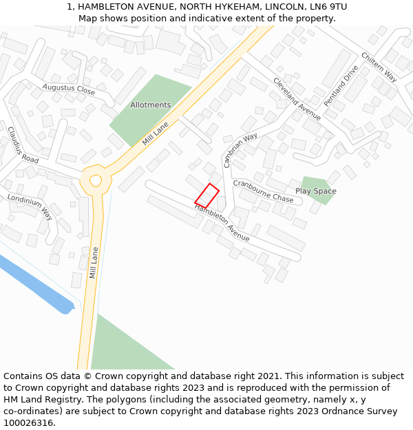 1, HAMBLETON AVENUE, NORTH HYKEHAM, LINCOLN, LN6 9TU: Location map and indicative extent of plot