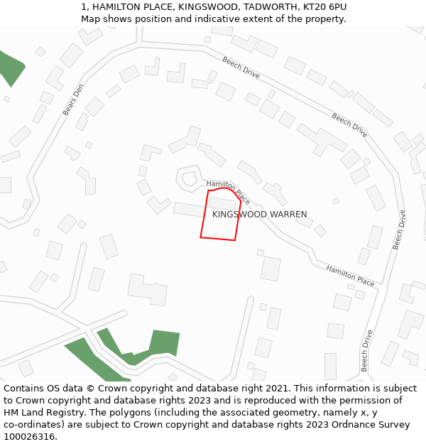 1, HAMILTON PLACE, KINGSWOOD, TADWORTH, KT20 6PU: Location map and indicative extent of plot