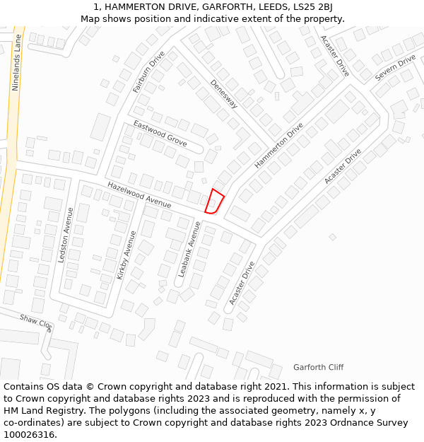 1, HAMMERTON DRIVE, GARFORTH, LEEDS, LS25 2BJ: Location map and indicative extent of plot