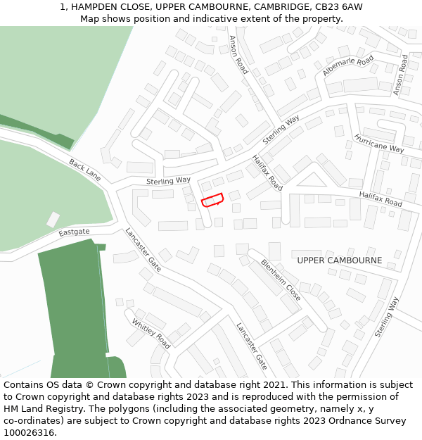 1, HAMPDEN CLOSE, UPPER CAMBOURNE, CAMBRIDGE, CB23 6AW: Location map and indicative extent of plot