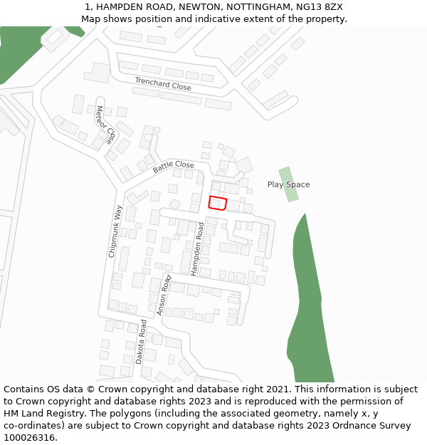 1, HAMPDEN ROAD, NEWTON, NOTTINGHAM, NG13 8ZX: Location map and indicative extent of plot