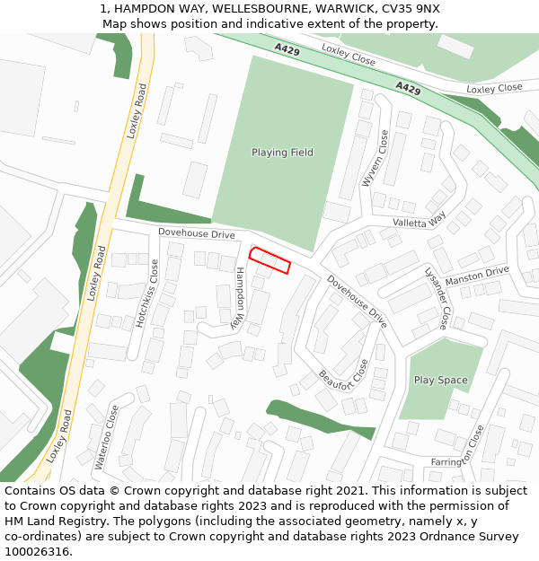 1, HAMPDON WAY, WELLESBOURNE, WARWICK, CV35 9NX: Location map and indicative extent of plot