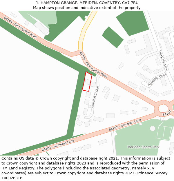 1, HAMPTON GRANGE, MERIDEN, COVENTRY, CV7 7RU: Location map and indicative extent of plot