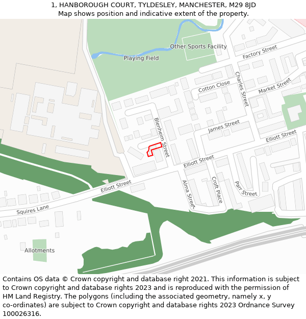 1, HANBOROUGH COURT, TYLDESLEY, MANCHESTER, M29 8JD: Location map and indicative extent of plot