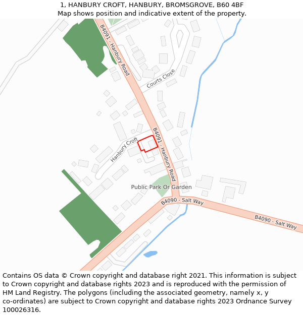 1, HANBURY CROFT, HANBURY, BROMSGROVE, B60 4BF: Location map and indicative extent of plot