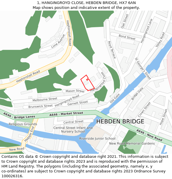 1, HANGINGROYD CLOSE, HEBDEN BRIDGE, HX7 6AN: Location map and indicative extent of plot