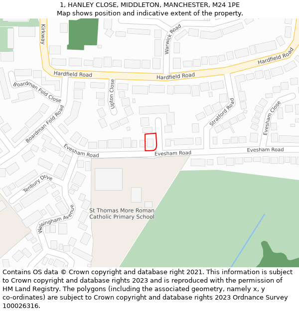 1, HANLEY CLOSE, MIDDLETON, MANCHESTER, M24 1PE: Location map and indicative extent of plot