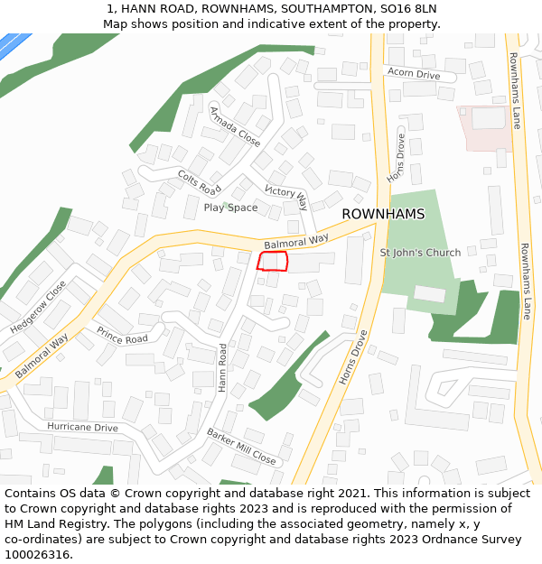 1, HANN ROAD, ROWNHAMS, SOUTHAMPTON, SO16 8LN: Location map and indicative extent of plot