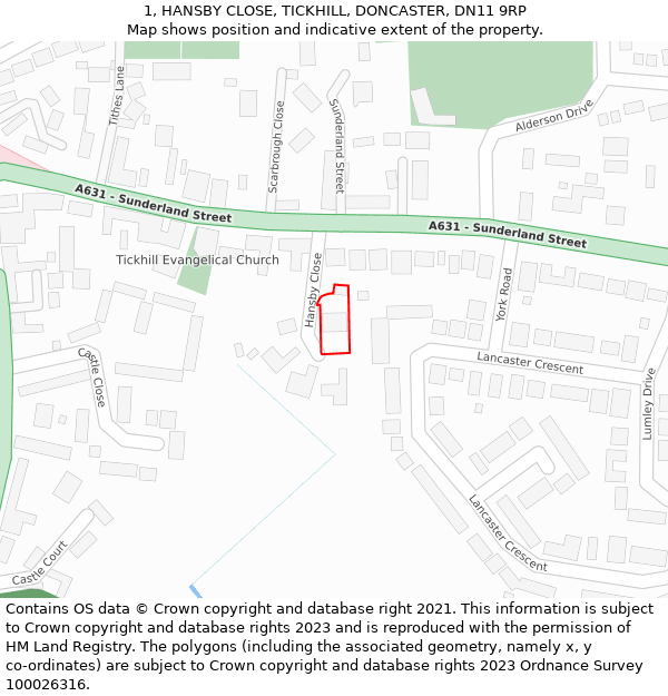 1, HANSBY CLOSE, TICKHILL, DONCASTER, DN11 9RP: Location map and indicative extent of plot