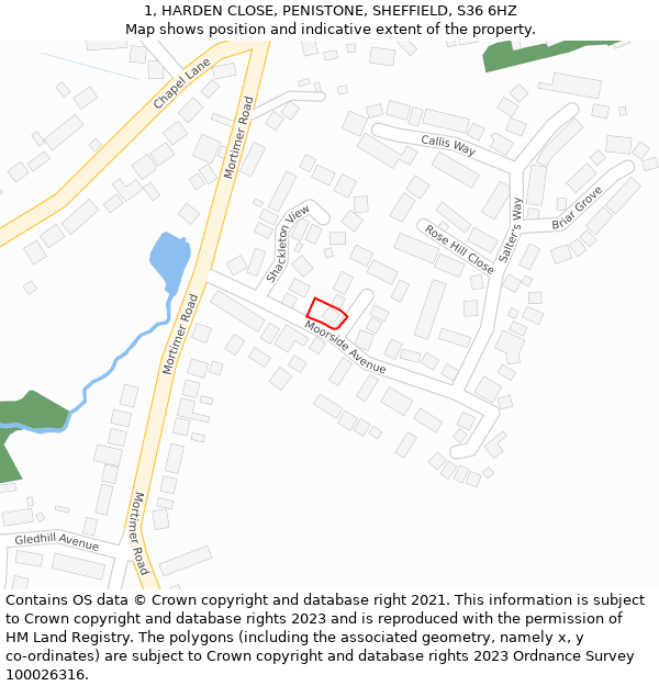 1, HARDEN CLOSE, PENISTONE, SHEFFIELD, S36 6HZ: Location map and indicative extent of plot