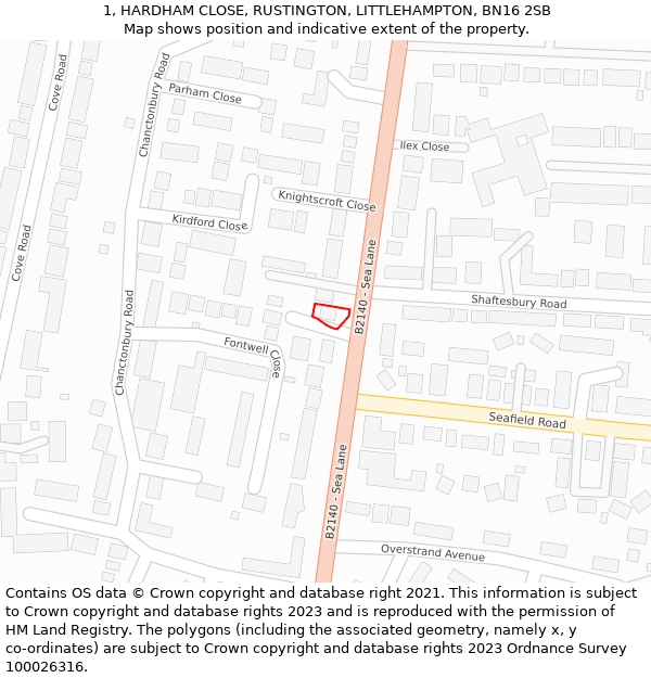 1, HARDHAM CLOSE, RUSTINGTON, LITTLEHAMPTON, BN16 2SB: Location map and indicative extent of plot