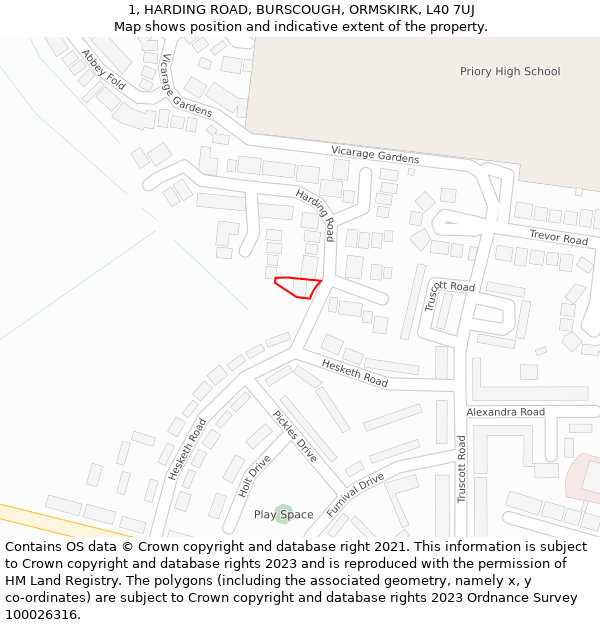 1, HARDING ROAD, BURSCOUGH, ORMSKIRK, L40 7UJ: Location map and indicative extent of plot
