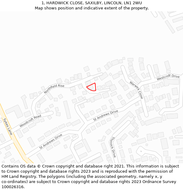 1, HARDWICK CLOSE, SAXILBY, LINCOLN, LN1 2WU: Location map and indicative extent of plot