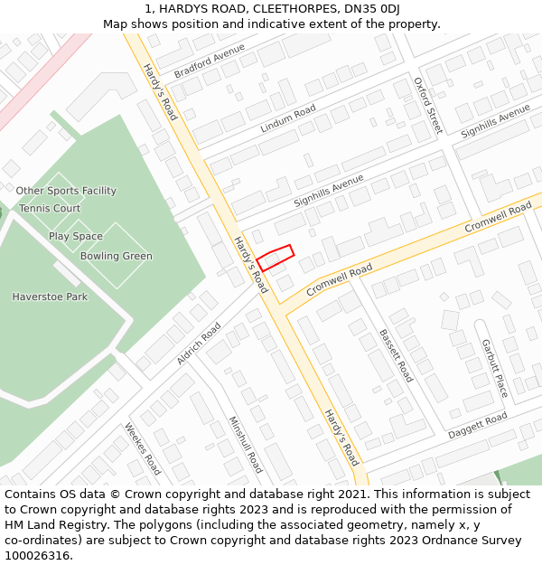 1, HARDYS ROAD, CLEETHORPES, DN35 0DJ: Location map and indicative extent of plot