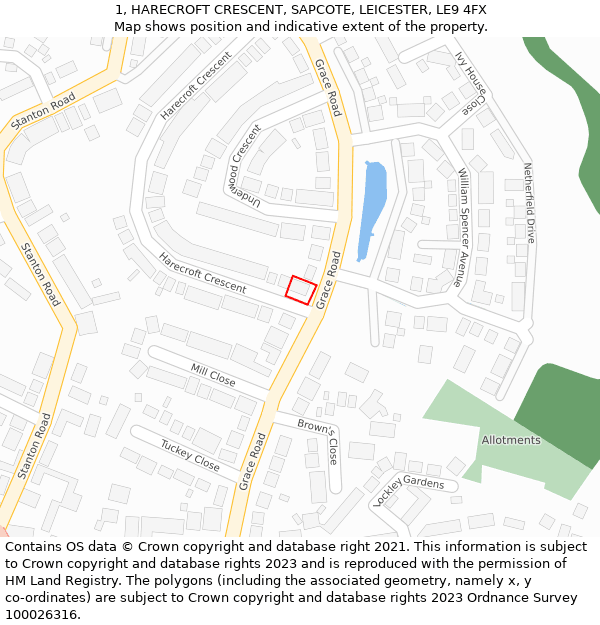 1, HARECROFT CRESCENT, SAPCOTE, LEICESTER, LE9 4FX: Location map and indicative extent of plot