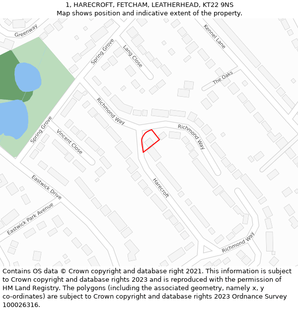 1, HARECROFT, FETCHAM, LEATHERHEAD, KT22 9NS: Location map and indicative extent of plot