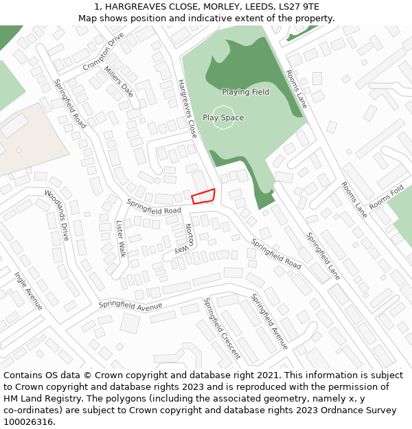 1, HARGREAVES CLOSE, MORLEY, LEEDS, LS27 9TE: Location map and indicative extent of plot