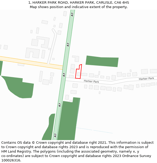 1, HARKER PARK ROAD, HARKER PARK, CARLISLE, CA6 4HS: Location map and indicative extent of plot