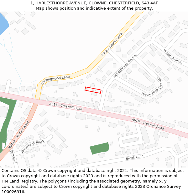 1, HARLESTHORPE AVENUE, CLOWNE, CHESTERFIELD, S43 4AF: Location map and indicative extent of plot