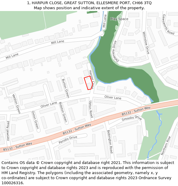 1, HARPUR CLOSE, GREAT SUTTON, ELLESMERE PORT, CH66 3TQ: Location map and indicative extent of plot