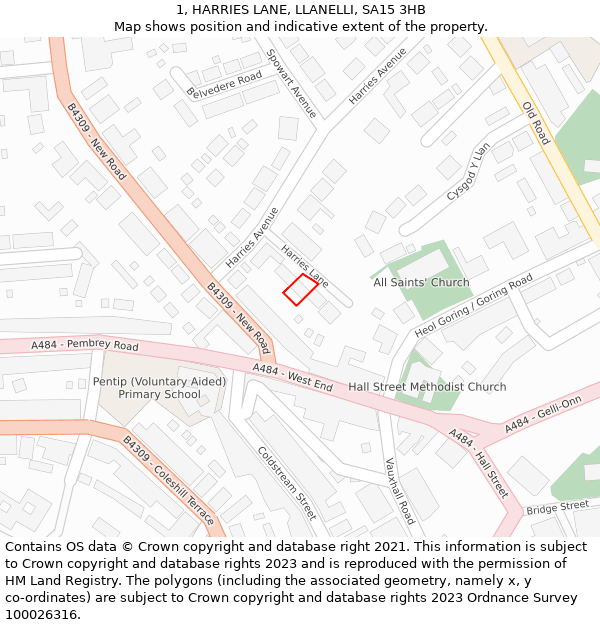 1, HARRIES LANE, LLANELLI, SA15 3HB: Location map and indicative extent of plot