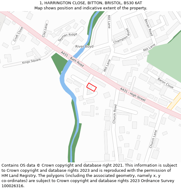 1, HARRINGTON CLOSE, BITTON, BRISTOL, BS30 6AT: Location map and indicative extent of plot