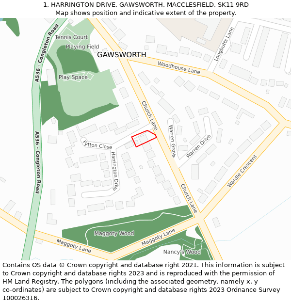 1, HARRINGTON DRIVE, GAWSWORTH, MACCLESFIELD, SK11 9RD: Location map and indicative extent of plot
