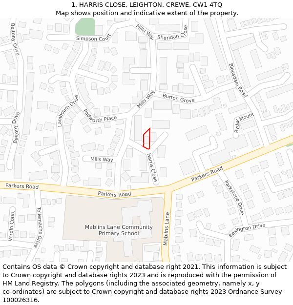 1, HARRIS CLOSE, LEIGHTON, CREWE, CW1 4TQ: Location map and indicative extent of plot