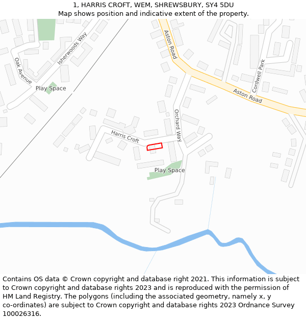 1, HARRIS CROFT, WEM, SHREWSBURY, SY4 5DU: Location map and indicative extent of plot